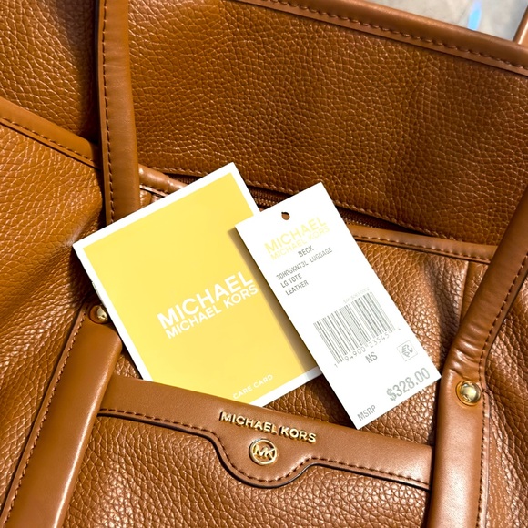 NWT	Michael Kors	Beck Travel Leather Tote	Caramel/Gold	Extra large - Picture 3 of 7